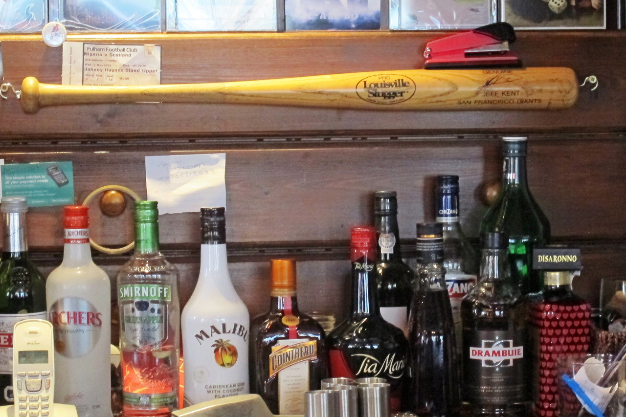 This Jeff Kent Louisville Slugger hangs on the wall at Park Bar in Glasgow, Scotland. (Doug Tribou/Only A Game)