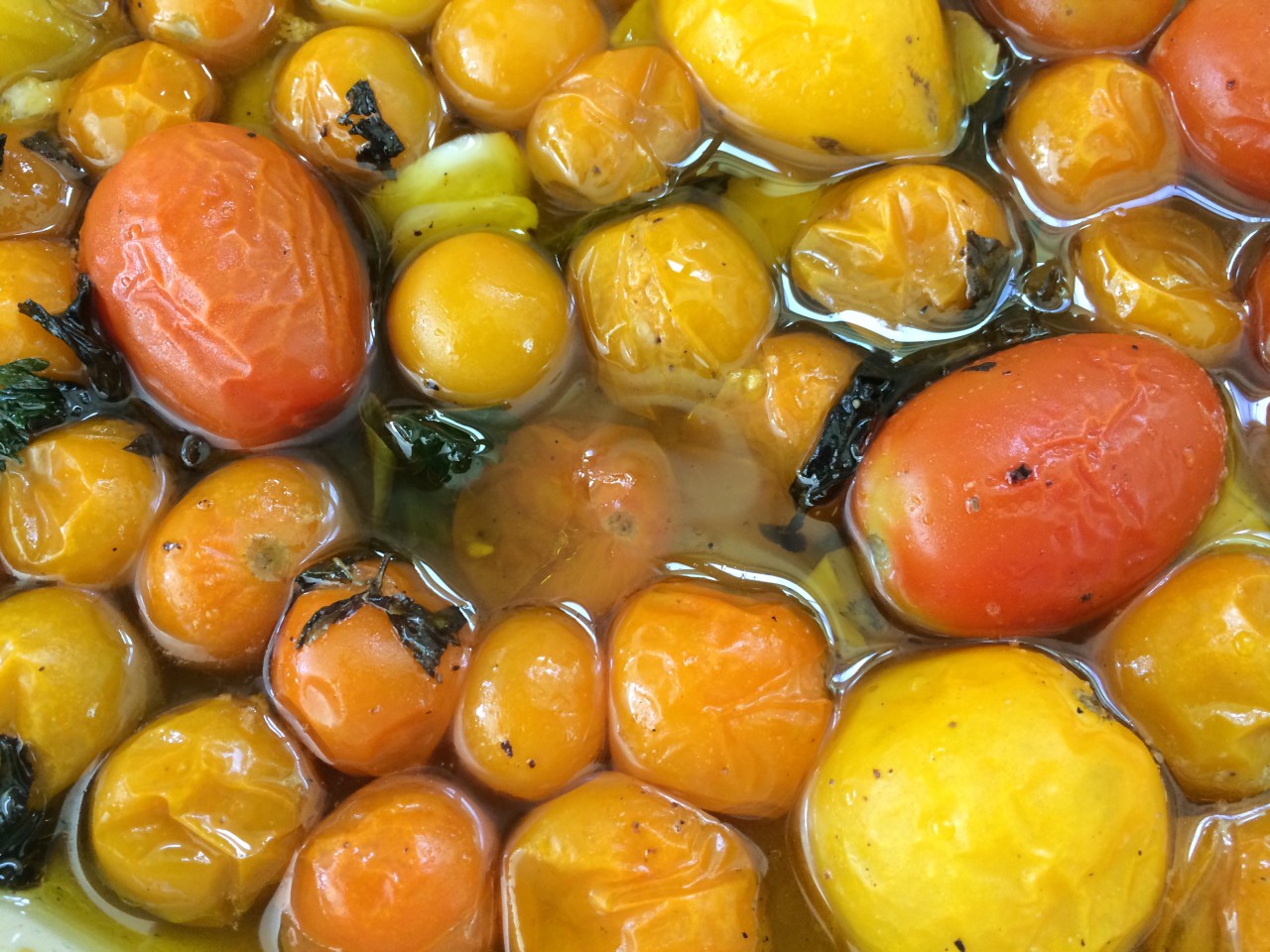 Slow-roasted cherry tomatoes. (Kathy Gunst/Here &amp; Now)