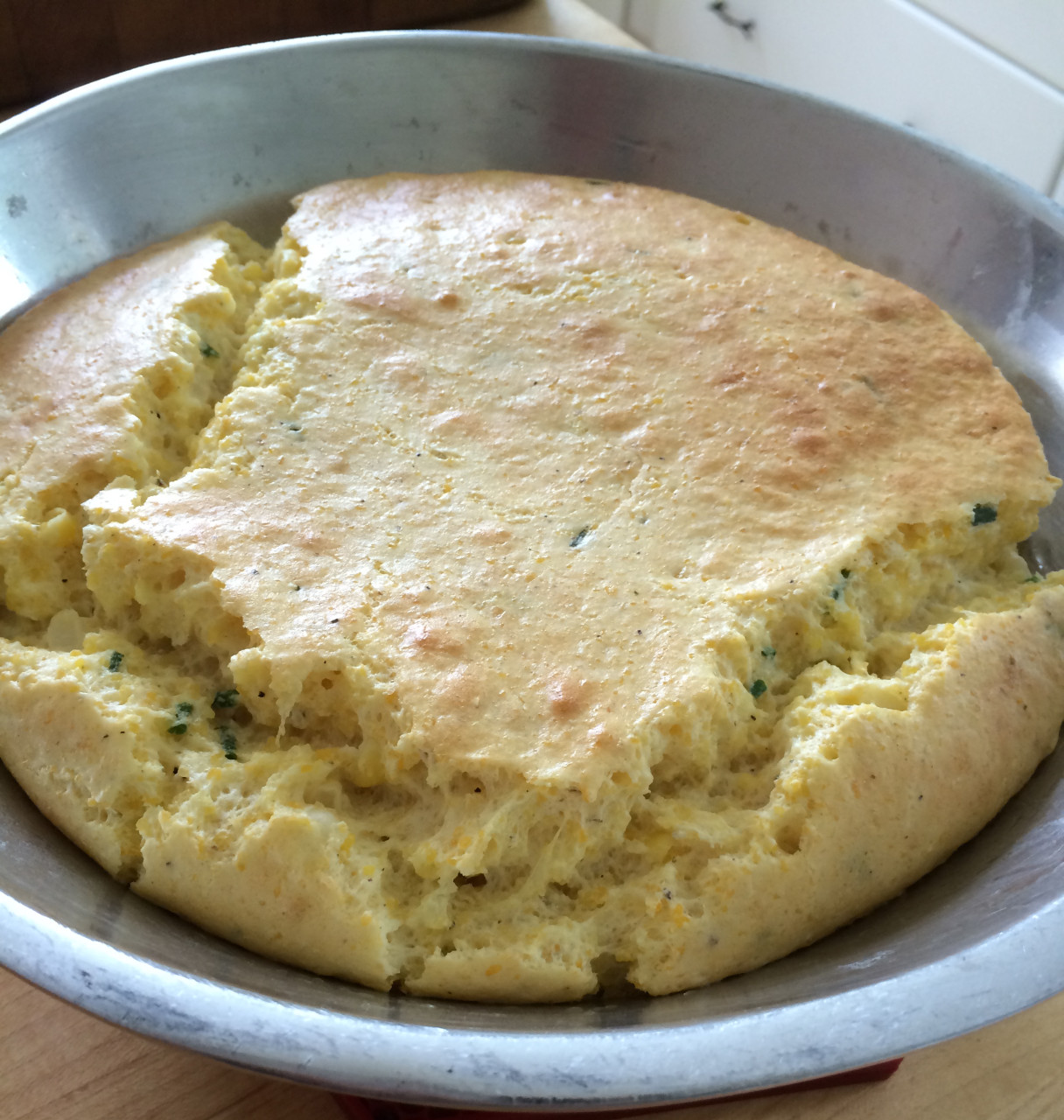 The key to Virginia Willis’s Corn Spoon Bread is using very fine cornmeal for a smooth, creamy texture. (Kathy Gunst/Here &amp; Now)