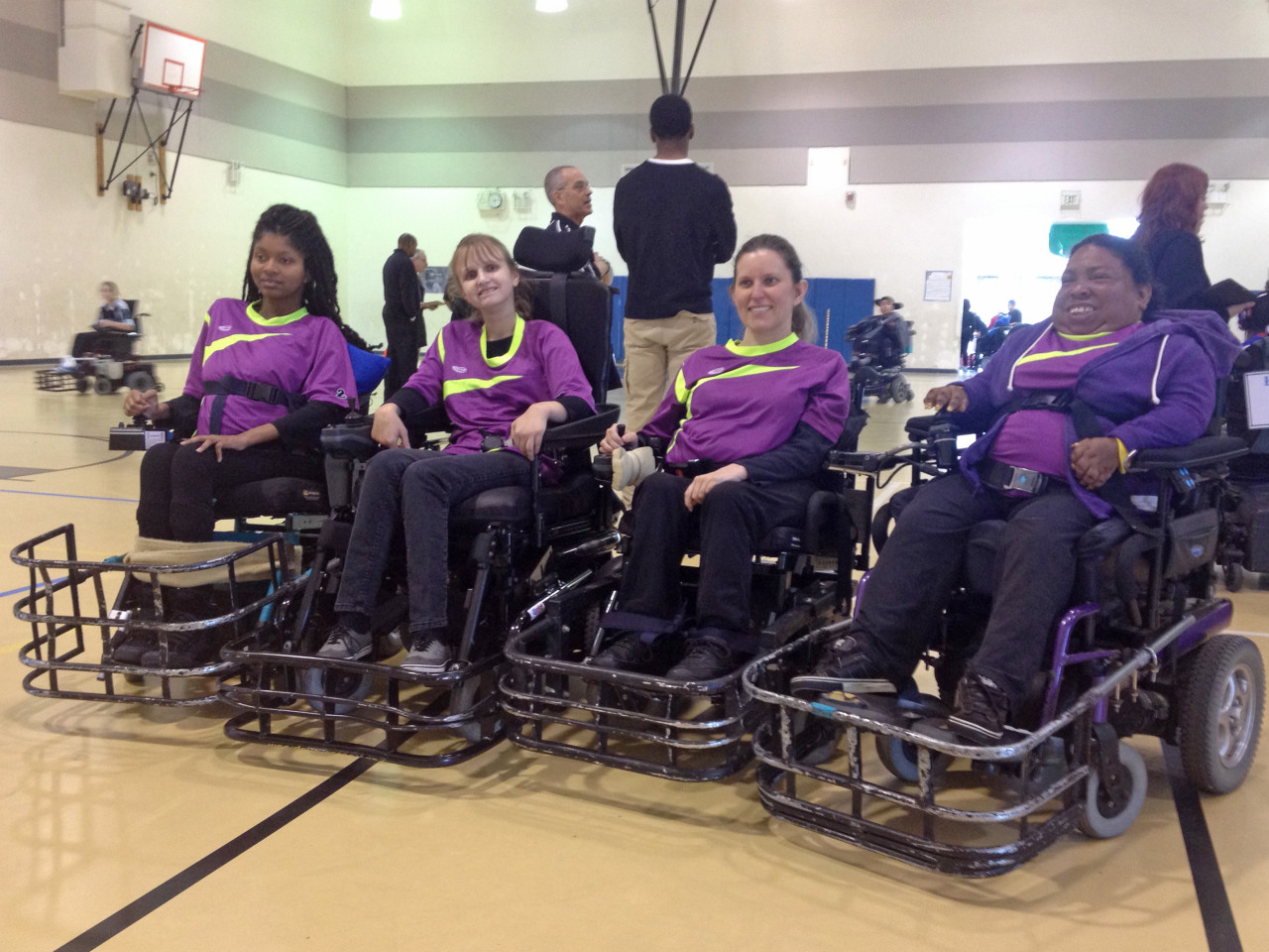 The "Kryptonite Pride" power soccer team: from Left to Right: Lessia Bemmel, Alison Boswell, Jessica Lehman, Nikki Brown-Booker. (George Lavender/OAG)