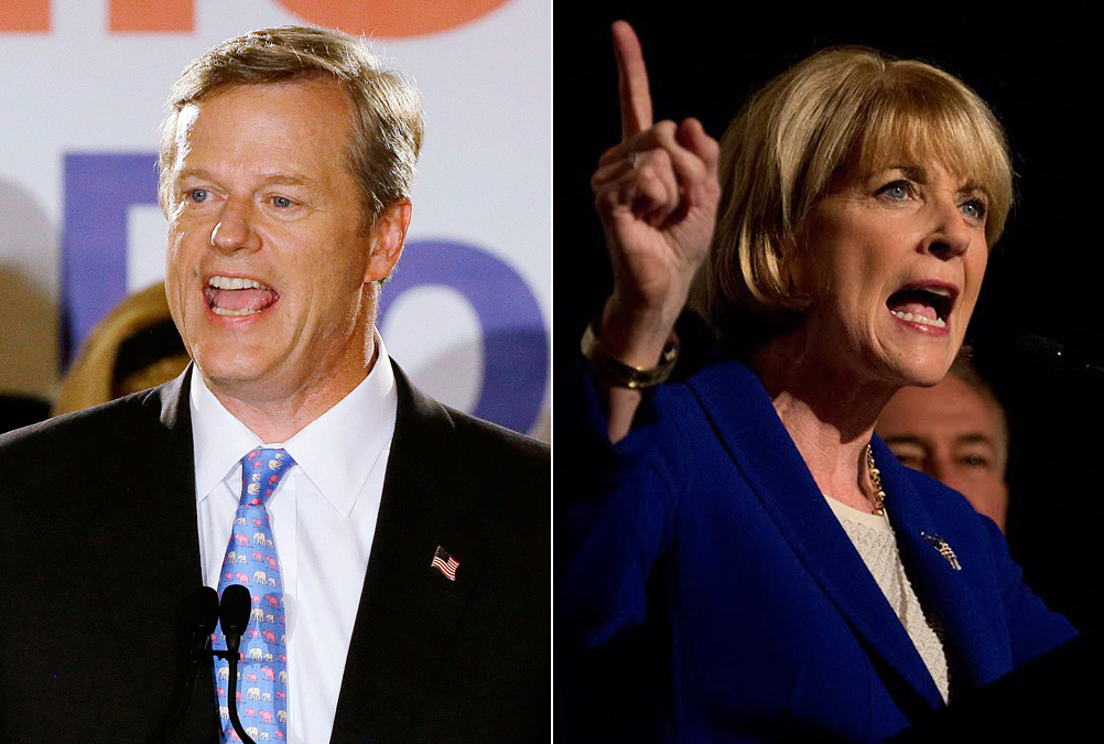 Republican Charlie Baker, left, and Democrat Martha Coakley (AP's Stephan Savoia, WBUR's Jesse Costa)