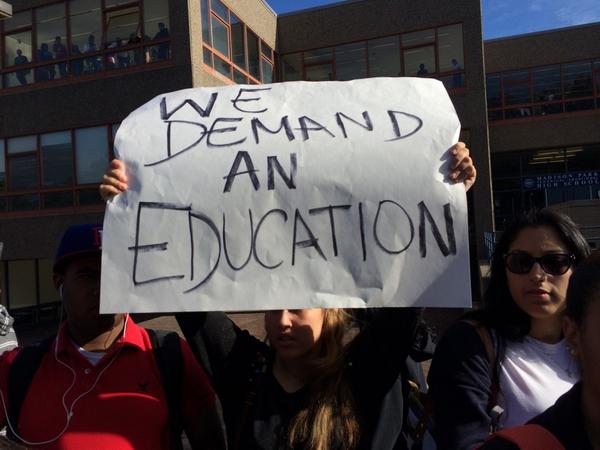 Madison Park High School students protested Tuesday morning. (Delores Handy/WBUR)