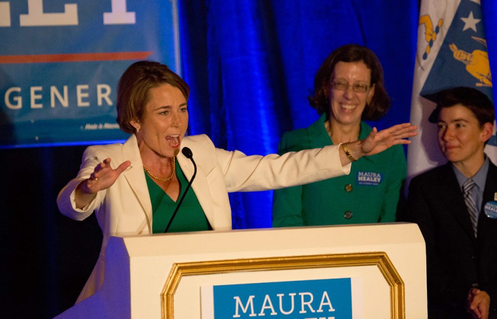 Maura Healey celebrates her win in the Democratic race for attorney general. (Jesse Costa/WBUR)