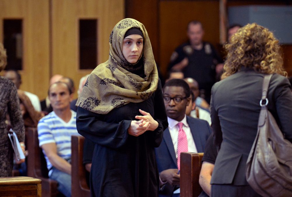 Ailina Tsarnaeva, sister of Boston Marathon bombing suspect Dzhokhar Tsarnaev, makes her appearance in Manhattan Criminal Court Tuesday. (Steven Hirsch/New York Post/Pool via AP)