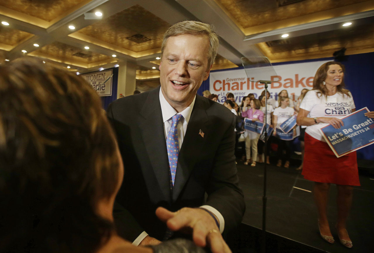 Baker greets supporters after delivering his primary election night rally speech Tuesday. (Stephan Savoia/AP)