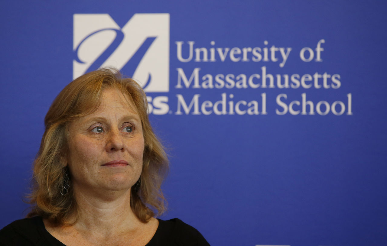 Debbie Sacra, wife of Dr. Rick Sacra, an American doctor who contracted the Ebola virus in Liberia, spoke to members of the media during a news conference at the University of Massachusetts Medical School Thursday in Worcester. (Stephan Savoia/AP)