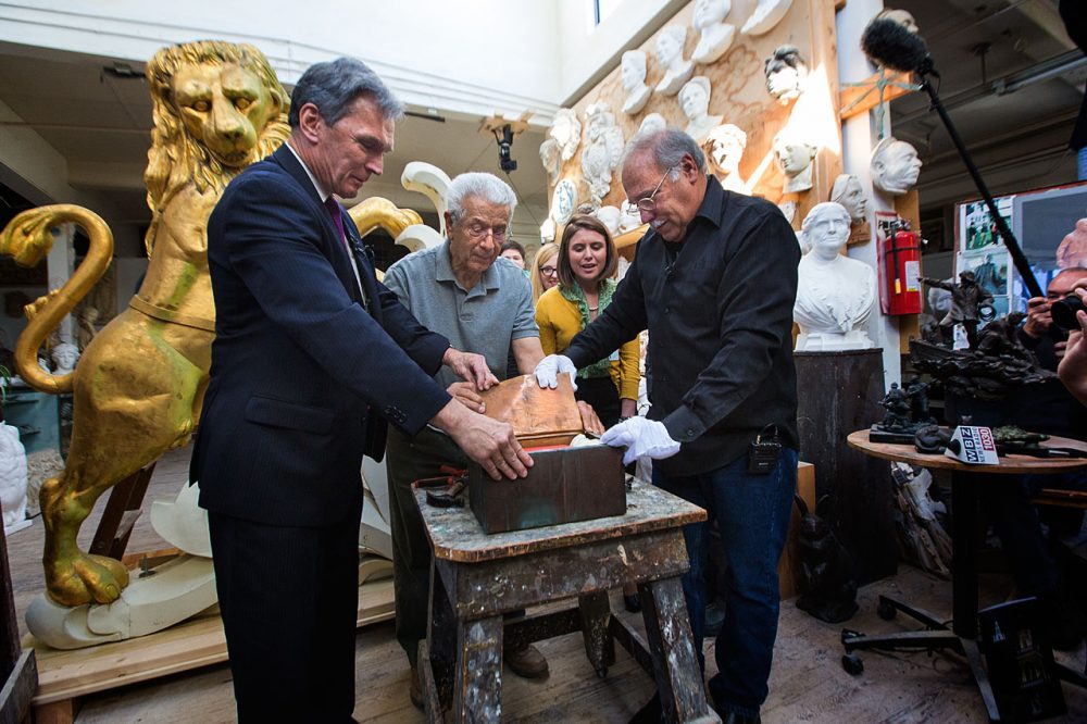 The 1901 time capsule was taken out of the lion statue and opened last month. (Jesse Costa/WBUR)