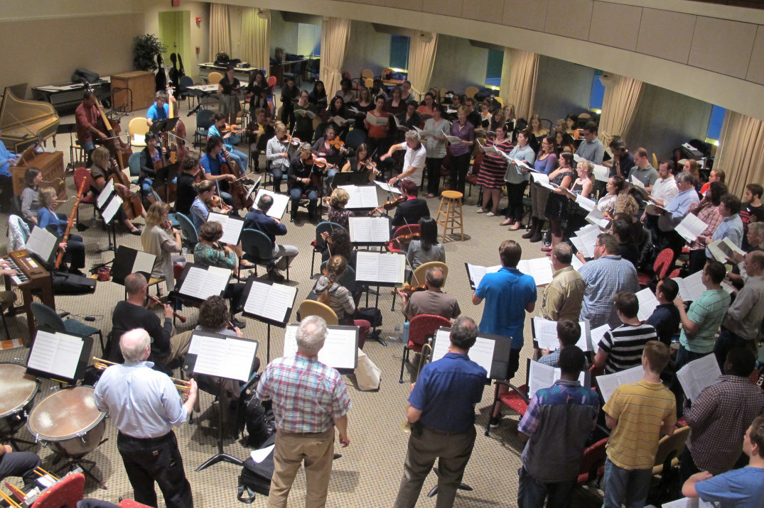 The Handel and Haydn Society rehearses for its bicentennial performance. (Andrea Shea/WBUR)