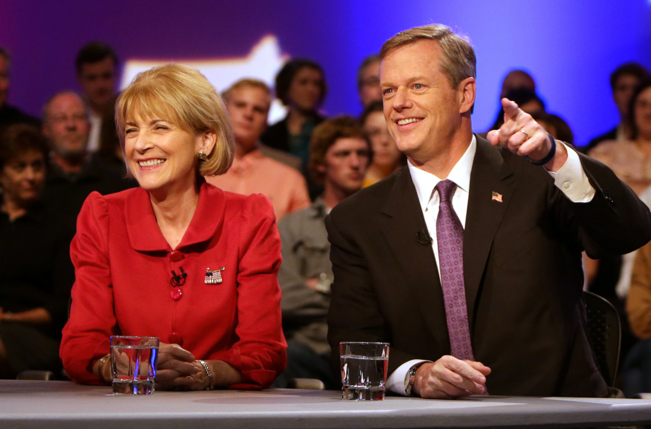 Massachusetts gubernatorial candidates Democrat Martha Coakley, left, and Republican Charlie Baker (Barry Chin, The Boston Globe, Pool/AP)