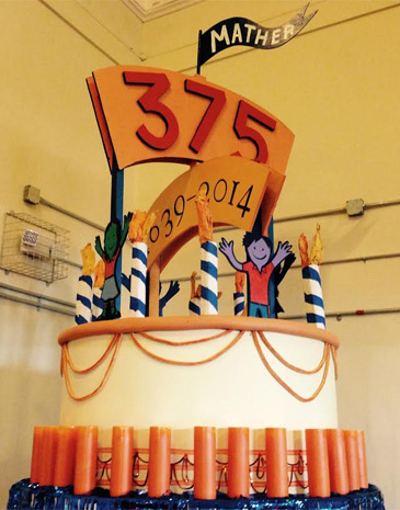 A sculpture of a cake in honor of the Mather School's 375th anniversary. (Delores Handy/WBUR)