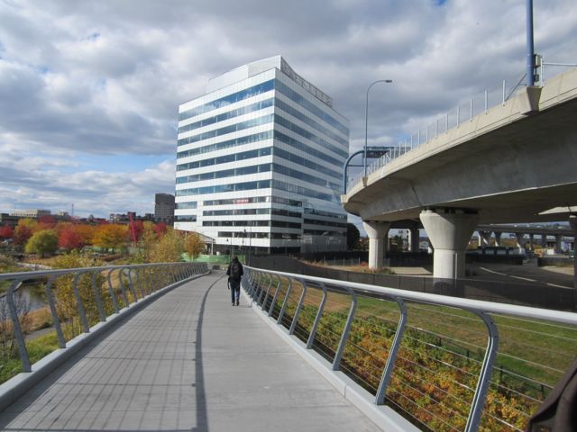 A view of the skate park from a pedestrian bridge that connects to Charlestown. The skate park  will be next to the new Education First building and the North Bank Bridge. (Courtesy of Ross Miller/Charles River Conservancy)