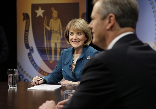 Martha Coakley and Charlie Baker before the Oct. 28 debate at WCVB-TV. (Steven Senne/AP/Pool)
