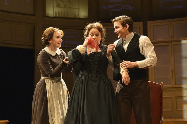 Amelia Pedlow, Karen MacDonald, and Tom Patterson in "Ether Dome" at the Huntington Theatre Company. (Paul Marotta)