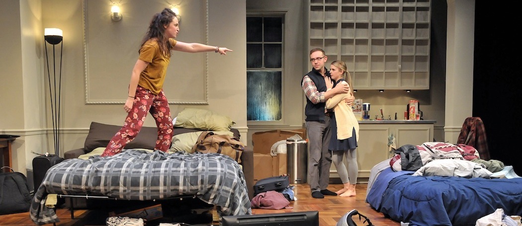 Daphna (Alison McCartan) assails Liam (Victor Shopov) and Melody (Gillian Mariner Gordon) in "Bad Jews" at SpeakEasy Stage Company. (Craig Bailey/Perspetive Photo)