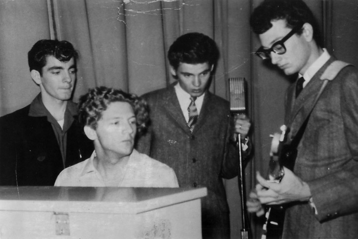 Jimmy Velvet, Jerry Lee Lewis, Don Everly and Buddy Holly in an undated photograph. (BP Fallon / Flickr)