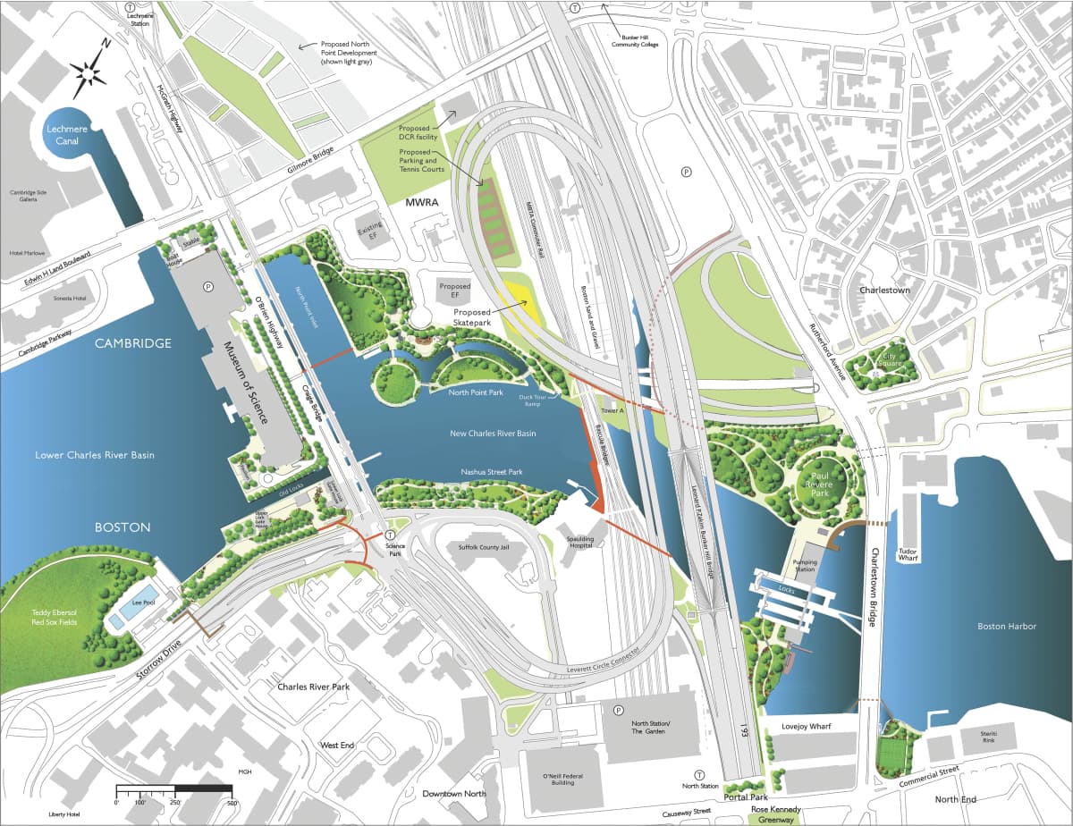 This early rendering shows the location of the Lynch Family skatepark. (Courtesy of the Charles River Conservancy)