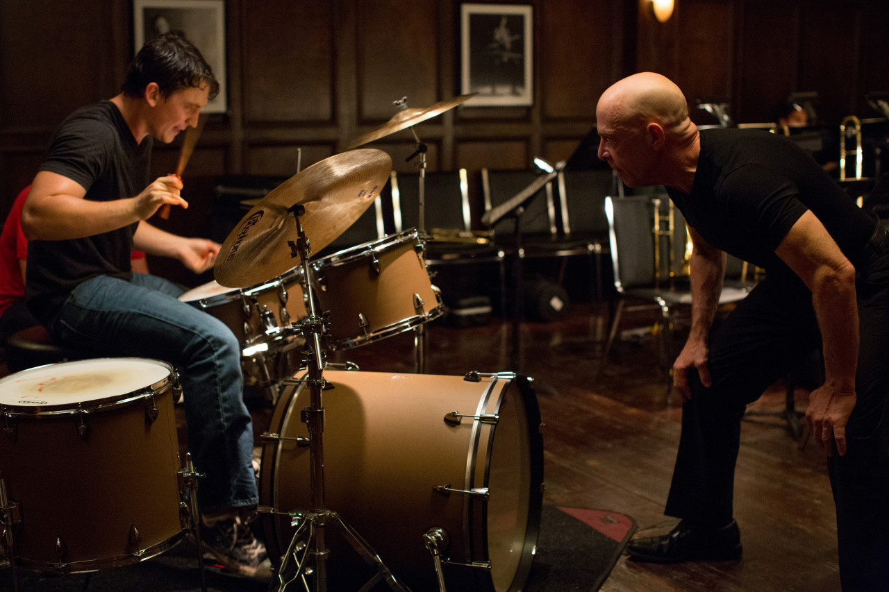 Andrew (Miles Teller) and his often demanding conductor, Terrence (J.K. Simmons) in a scene from the new film, "Whiplash." (Courtesy Sony Pictures Classics)