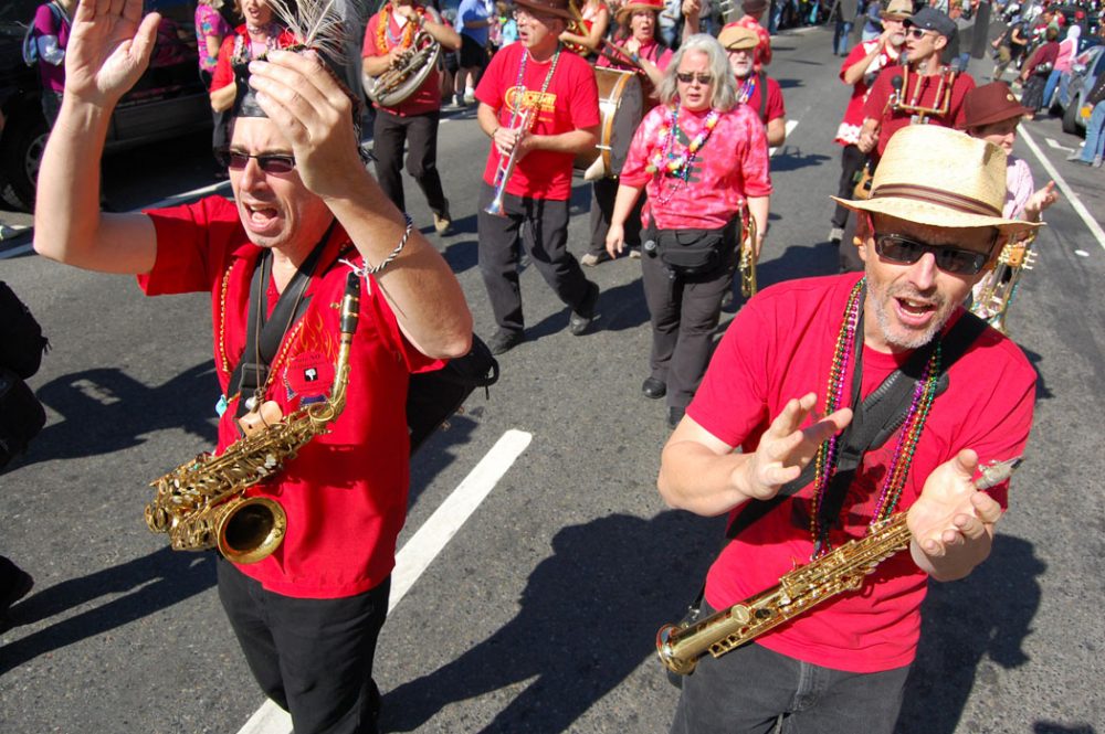 The Second Line Social Aid &amp; Pleasure Society Brass Band marches in the 2008 Honk Parade in Somerville. (Greg Cook/WBUR)