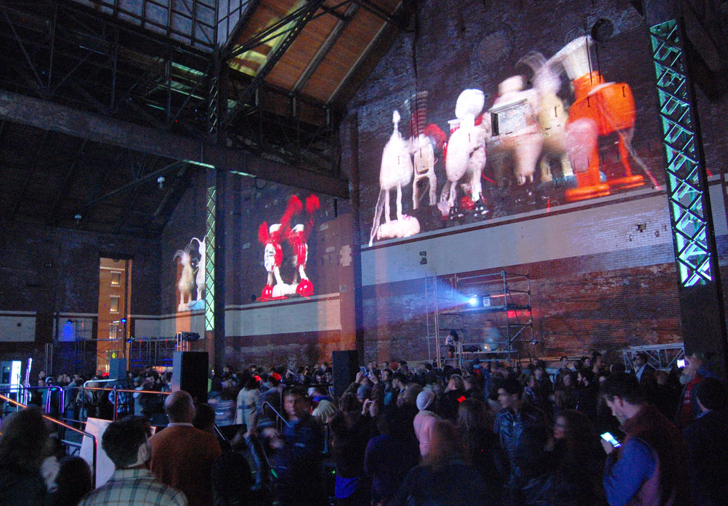 Music and projections filled the interior of the old power plant. (Greg Cook)