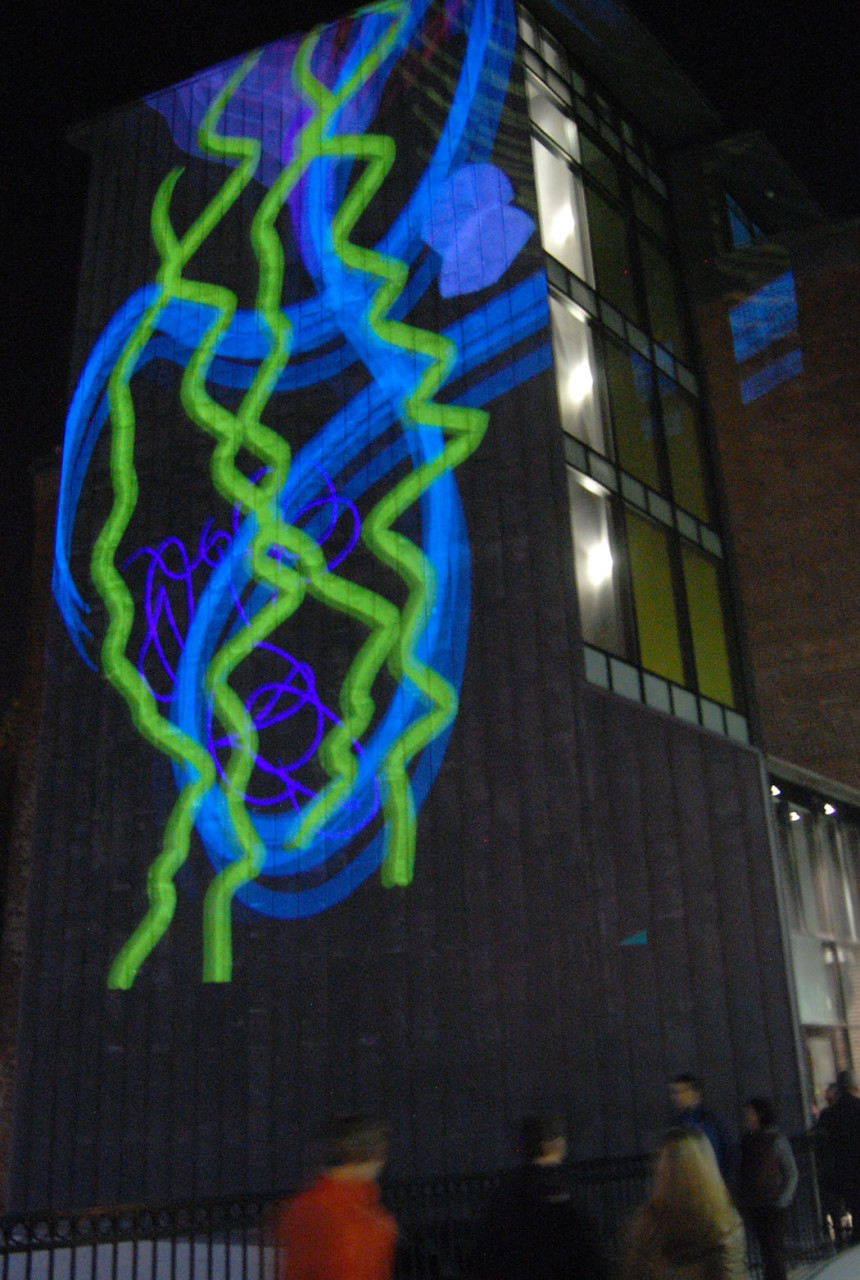 A projection on a building along Boston's Harrison Avenue. (Greg Cook)