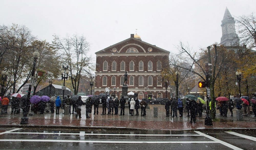 Thousands gather in line outside Faneuil Hall to pay respects to the late Mayor Thomas Menino. (Robin Lubbock/WBUR). 