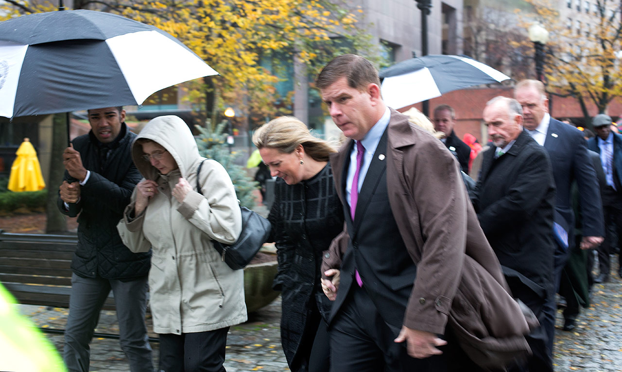Mayor Marty Walsh arrives at Faneuil Hall to pay his respects to Mayor Tom Menino. (Robin Lubbock/WBUR)