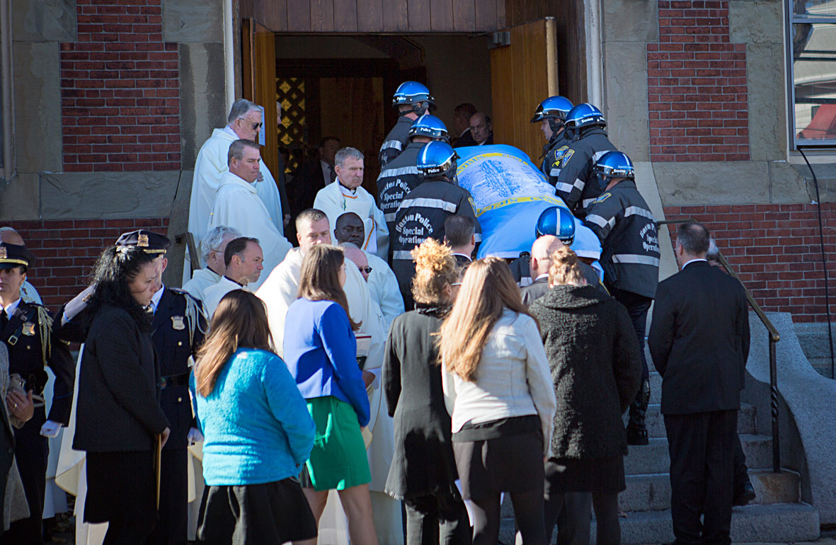 The casket of former mayor Thomas Menino is carried into the Most Precious Blood Church. (Jesse Costa/WBUR)
