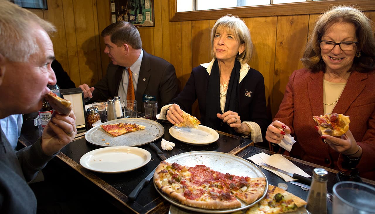 Martha Coakley stops for lunch with Mayor Marty Walsh and President of the Mass. Senate Therese Murray at Santarpio's in East Boston. (Robin Lubbock/WBUR)