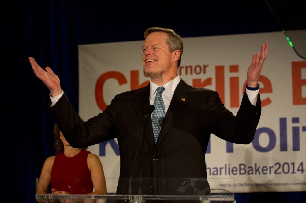 Charlie Baker greets supporters at his Election Night rally in Boston. 