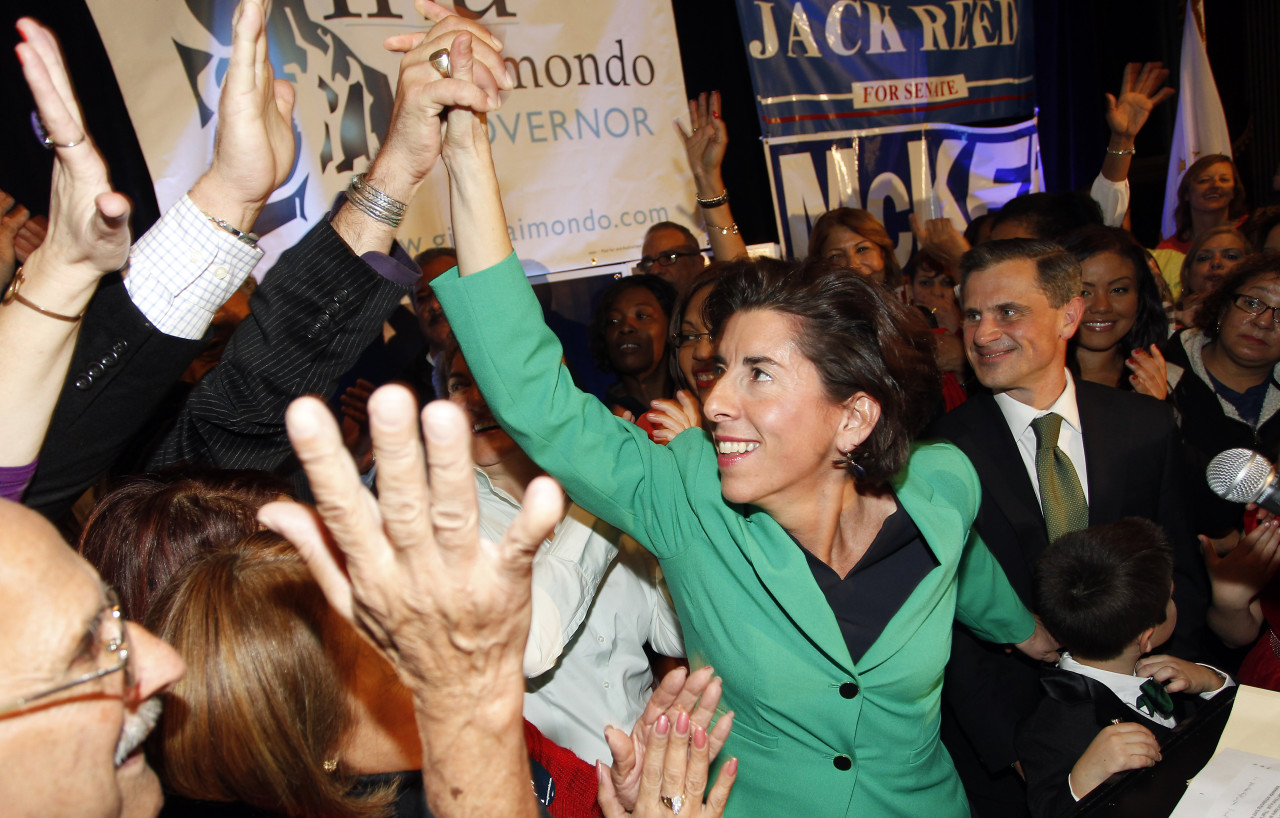 Democrat Gina Raimondo celebrates her win over Republican Allan Fung in the Rhode Island governor&#039;s race, Tuesday. (Stew Milne/AP)