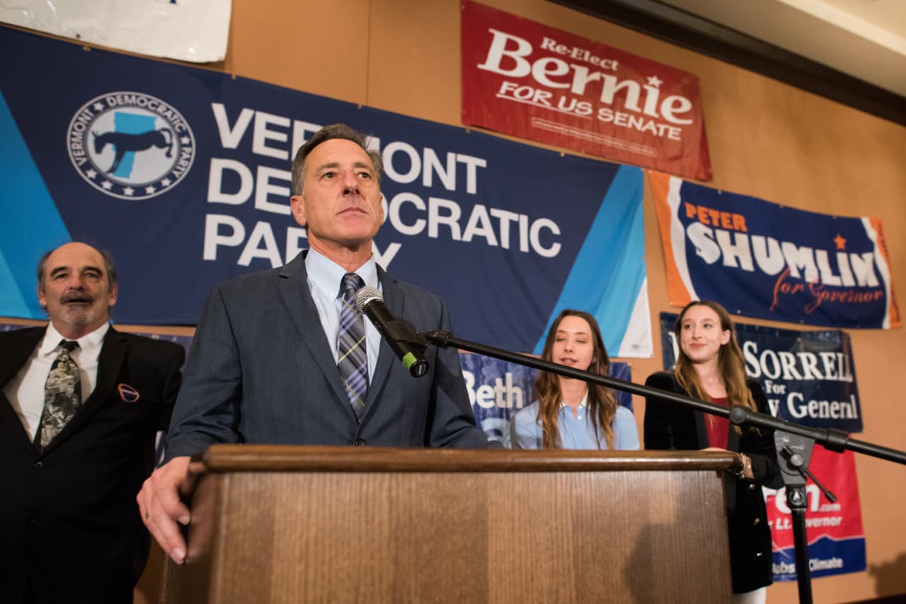 Democrat incumbent Vermont Gov. Peter Shumlin calls it a night without declaring victory on Tuesday. (Andy Duback/AP)