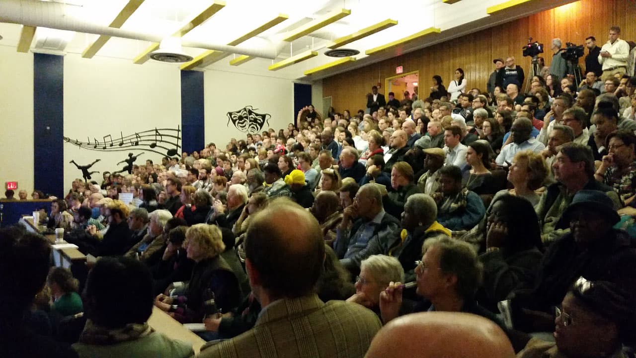 The public meeting to call for the city to do more concerning the closure of the Long Island homeless shelter packed the Blackstone Community Center Wednesday night. (Zoe Sobel for WBUR)