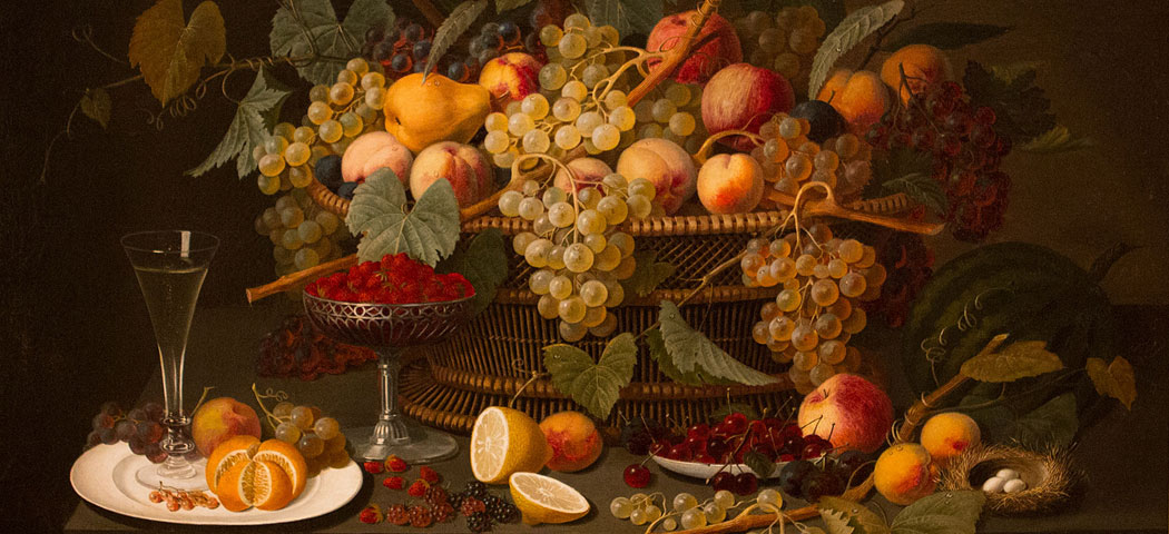 "Still Life with Fruit", Roesen, Severin (attributed to) (German), 1850-60, Oil on canvas mounted on panel, canvas: 30 1/2 in. x 40 1/2 in. (77.5 cm x 102.9 cm), Gift of Mr. and Mrs. Eliot Stetson Knowles