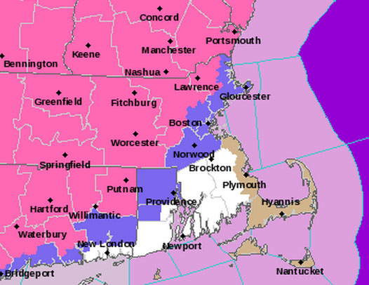 Areas in pink are under a winter storm warning, with areas in purple under a winter weather advisory. (Updated Tuesday 7:30 p.m.)