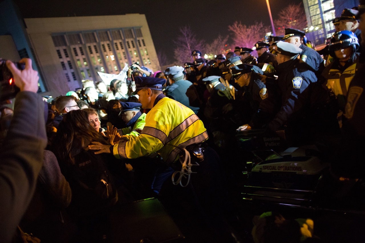 Boston police monitored the movements of hundreds of protesters in the city Tuesday night into Wednesday morning. (Joe Spurr/WBUR)