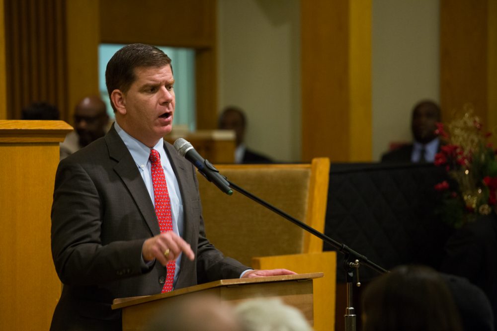 Boston Mayor Marty Walsh addresses residents, elected officials and community leaders gathered to discuss the aftermath of Ferguson and racial relations in the city. (Joe Spurr/WBUR)