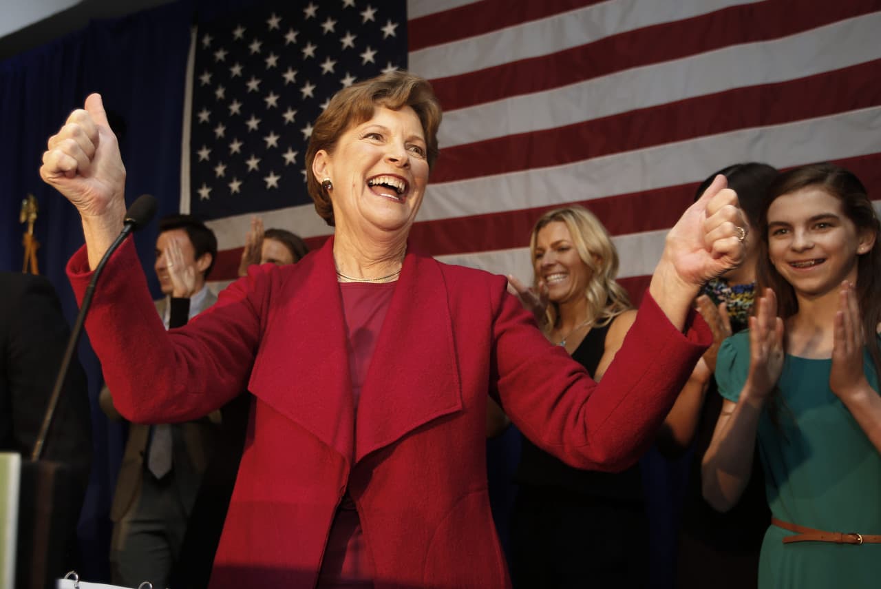 New Hampshire U.S. Sen. Jeanne Shaheen celebrates with supporters after beating Republican Scott Brown. (Jim Cole/AP)