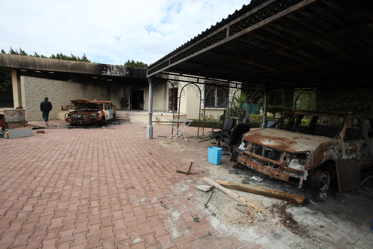 A House panel has concluded that the 2012 attacks on U.S. facilities in Benghazi, Libya, happened without an intelligence failure. This photo from 2013 shows wreckage outside of the U.S. Consulate in Benghazi. (Mohammad Hannon/AP)