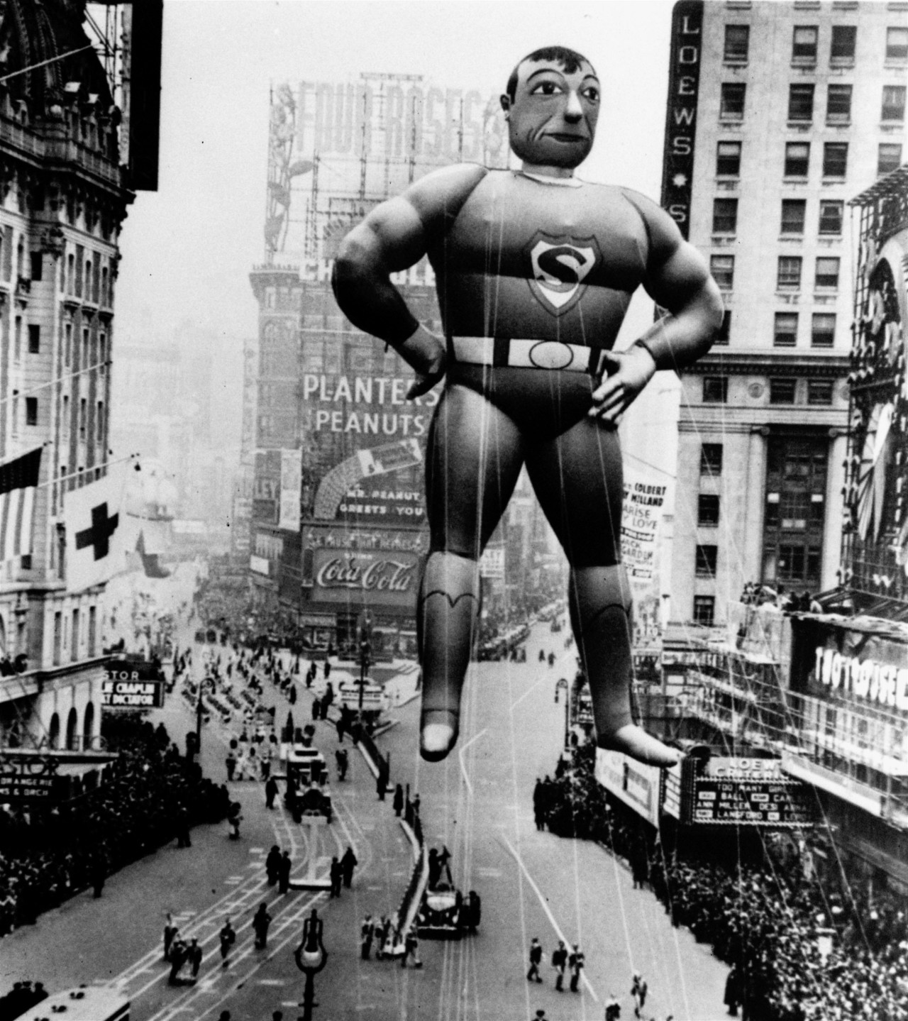 Superman rises over Times Square to lead the Macy's Thanksgiving Day Parade in 1940.  (AP)