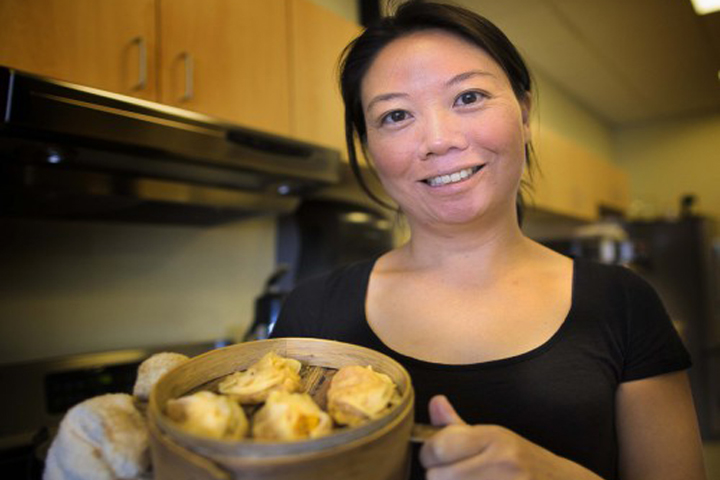 Author Jen Lin-Liu shares some of the manta dumplings she shared with guest host Jane Clayson in the WBUR studios. Lin-Liu is the author of the new book, "On The Noodle Road: From Beijing to Rome, With Love and Pasta." (Jesse Costa / WBUR)