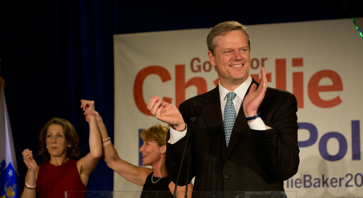 Election night, November 4, 2014. A victory for the better-funded Republican gubernatorial candidate, Charlie Baker. (Jesse Costa/WBUR)