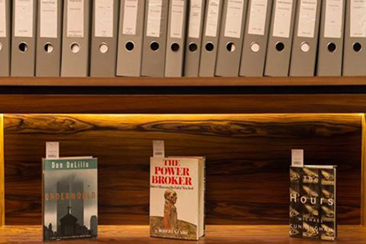 Annotated first-edition copies of Don DeLillo's "Underworld," Robert Caro's "The Power Broker" and Michael Cunningham's "The Hours," on display at the PEN American Center's "First Editions / Second Thoughts" auction in New York City's Sean Kelly Gallery. (Courtesy PEN American Cetner)