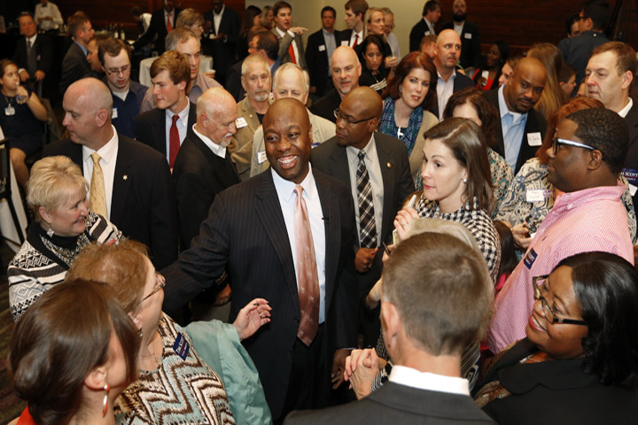 Sen. Tim Scott, R-S.C. greets supporters after winning his Senate race over challengers Jill Bossi and Joyce Dickerson, Tuesday, Nov. 4, 2014, at the North Charleston Performing Arts Center in North Charleston, S.C. (AP)