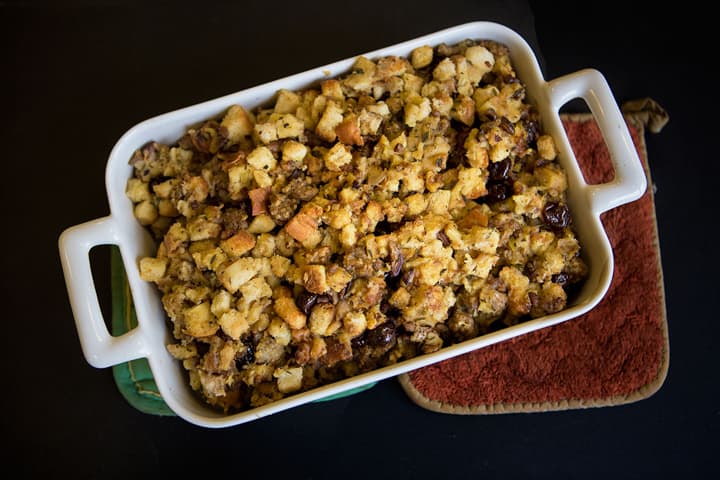 Bread Stuffing with Sausage, Dried Cherries and Pecans (Jesse Costa / WBUR)