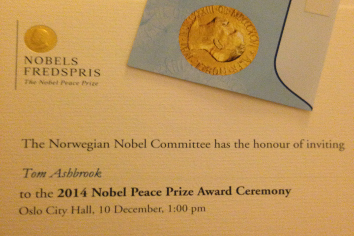 What a dream to be invited to attend the Nobel Peace Prize ceremony in Oslo honoring Malala Yousafzai and Kailash Satyarthi.  We were so moved by their speeches and their work to make this world a better place. (Tom Ashbrook)