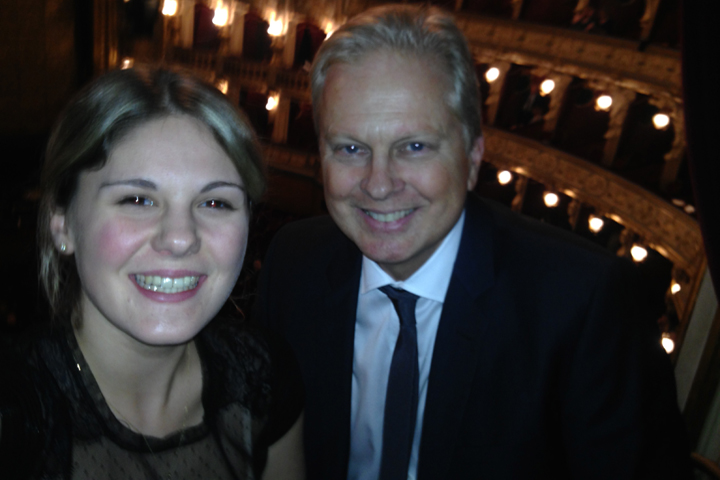With my great traveling companion and beloved daughter Lauren at the opera in Prague. We smiled before "La Boheme" and wept during. Grand catharsis! (Tom Ashbrook)