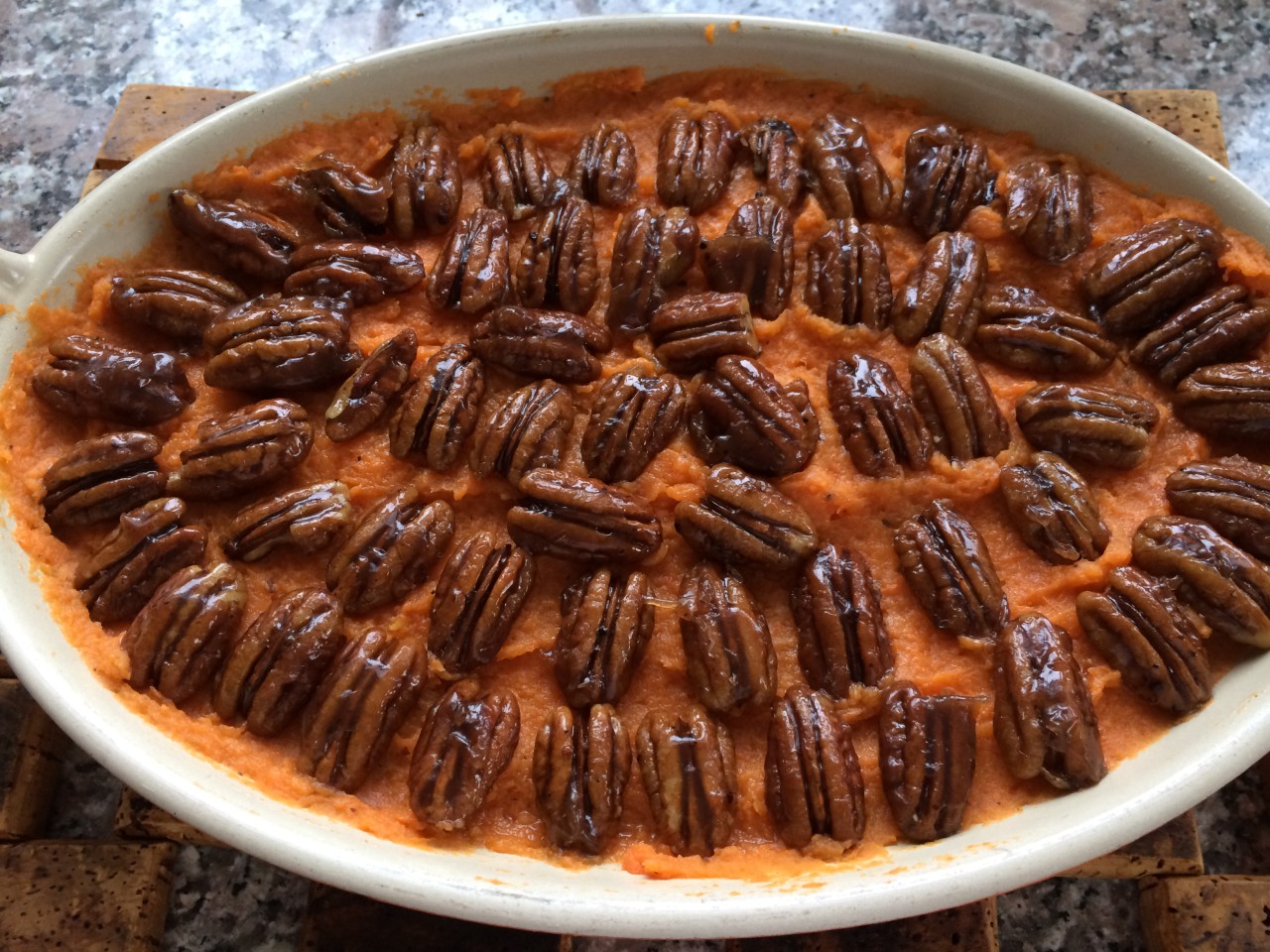One of Kathy Gunst's lightened Thanksgiving recipes is sweet potatoes with candied pecan topping. (Kathy Gunst)