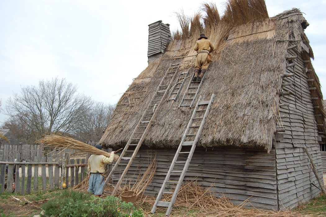Repairing a roof at Plimoth Plantation. (Greg Cook)