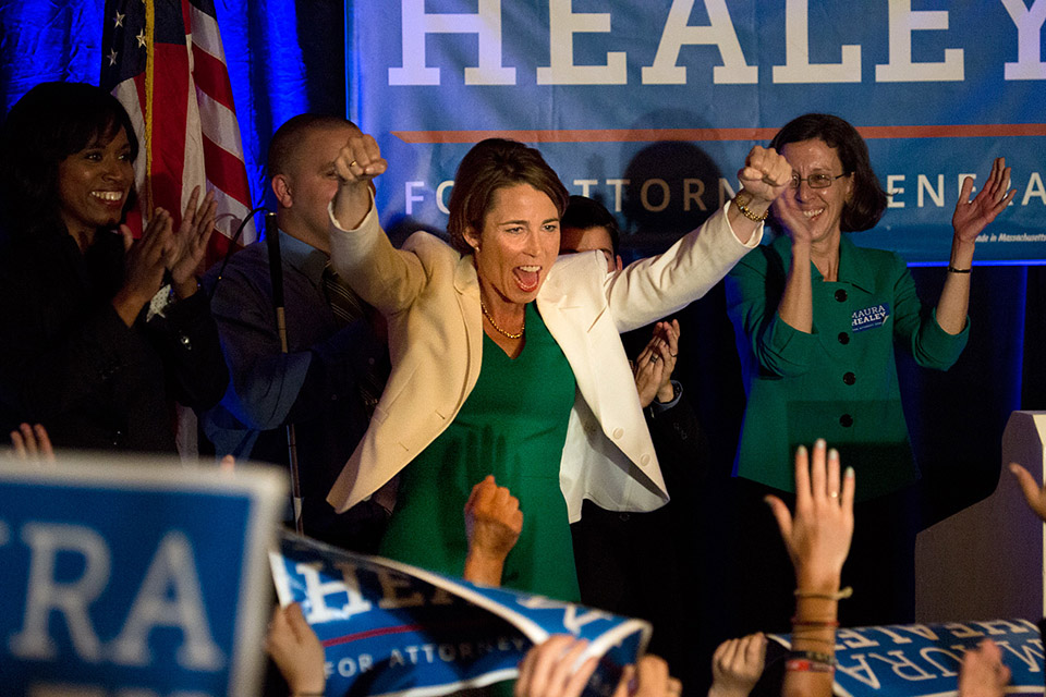 Maura Healey celebrates her win with supporters in the Democratic attorney general primary. She then won the general election. (Jesse Costa/WBUR)