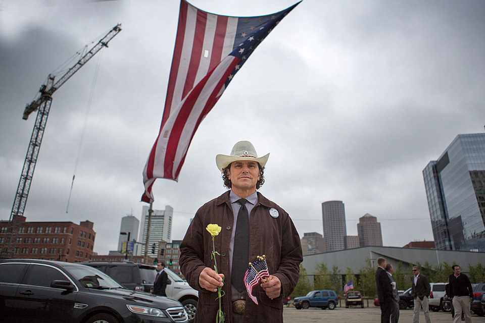 Carlos Arredondo, who rose to prominence in Boston after helping save the life of marathon bombing victim Jeff Bauman, attended the ground breaking. His son, Marine Lance Cpl. Scott Alexander, died in Iraq in 2004. (Jesse Costa/WBUR)